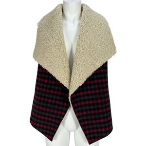 RUYI Vest One Size Red Gray Sherpa Lined Open Front Plaid Wool Blend Casual